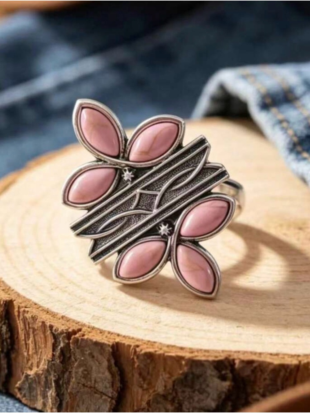 Western Ring Silver Ring with Pink Petal Cabochons - Women Jewelry